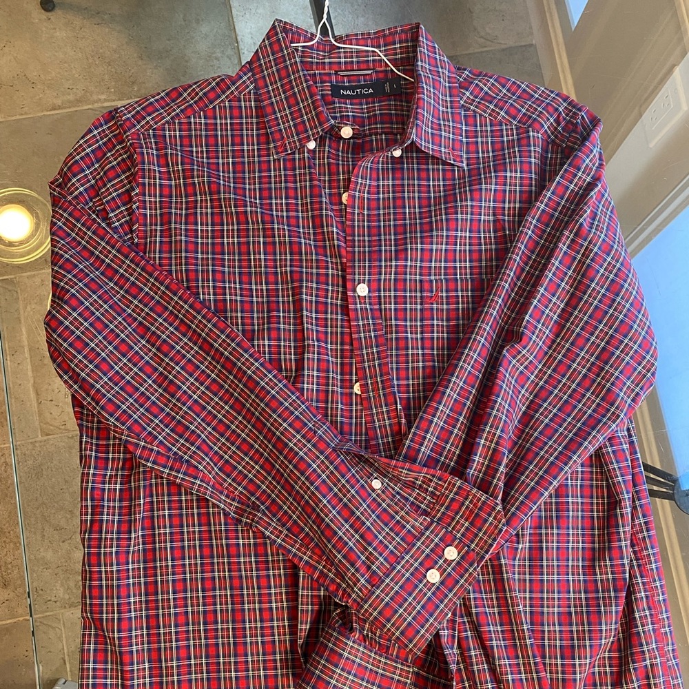 Mens Nautica Button Down Dress Shirt Size Large Red Plaid